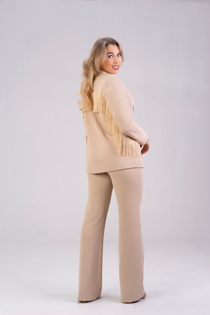 Beige Blazer and Flared Pants Co-Ord Set with Fringe Detail