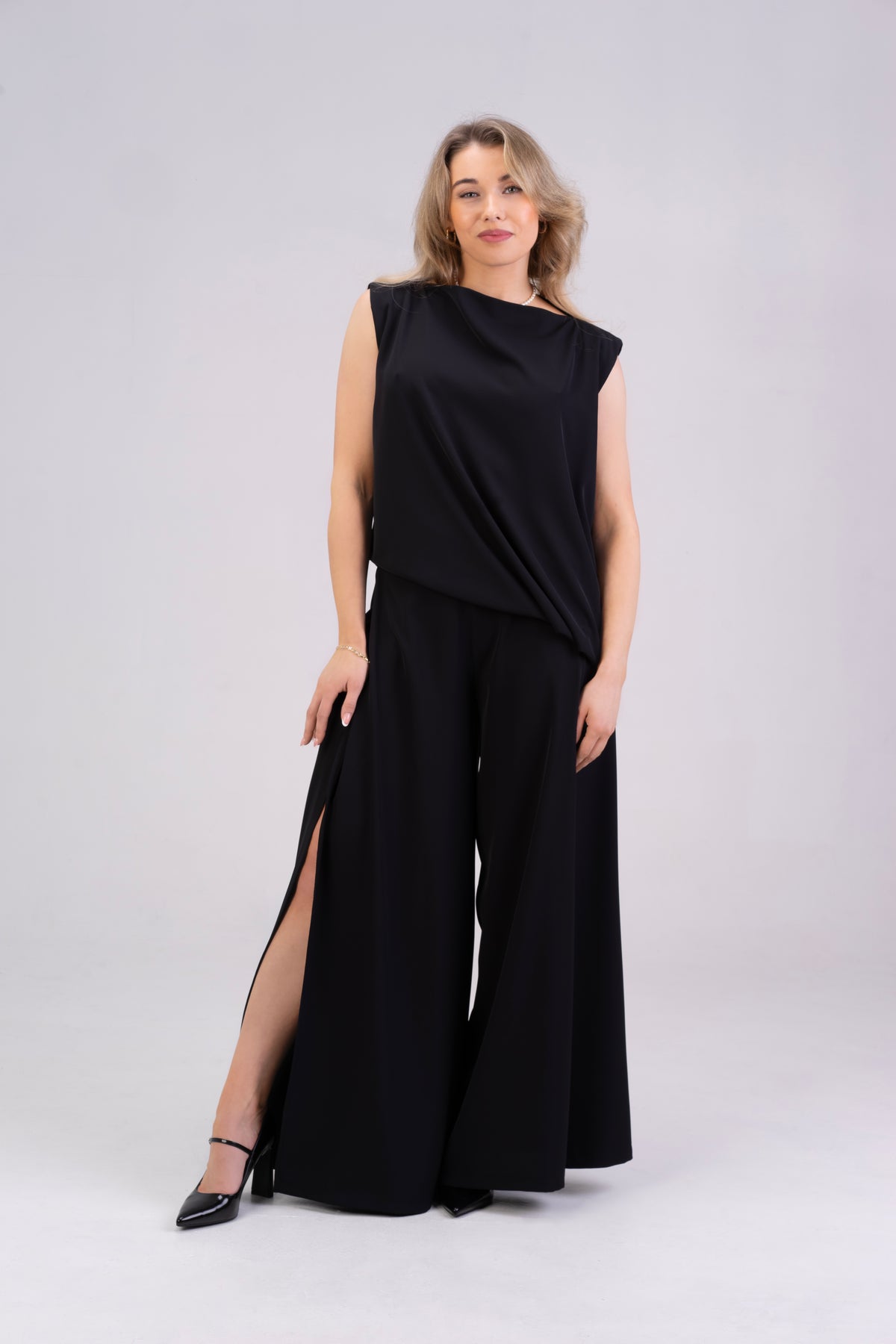 Black Sleeveless Top and Wide-Leg Pants Co-Ord Set with Side Slits