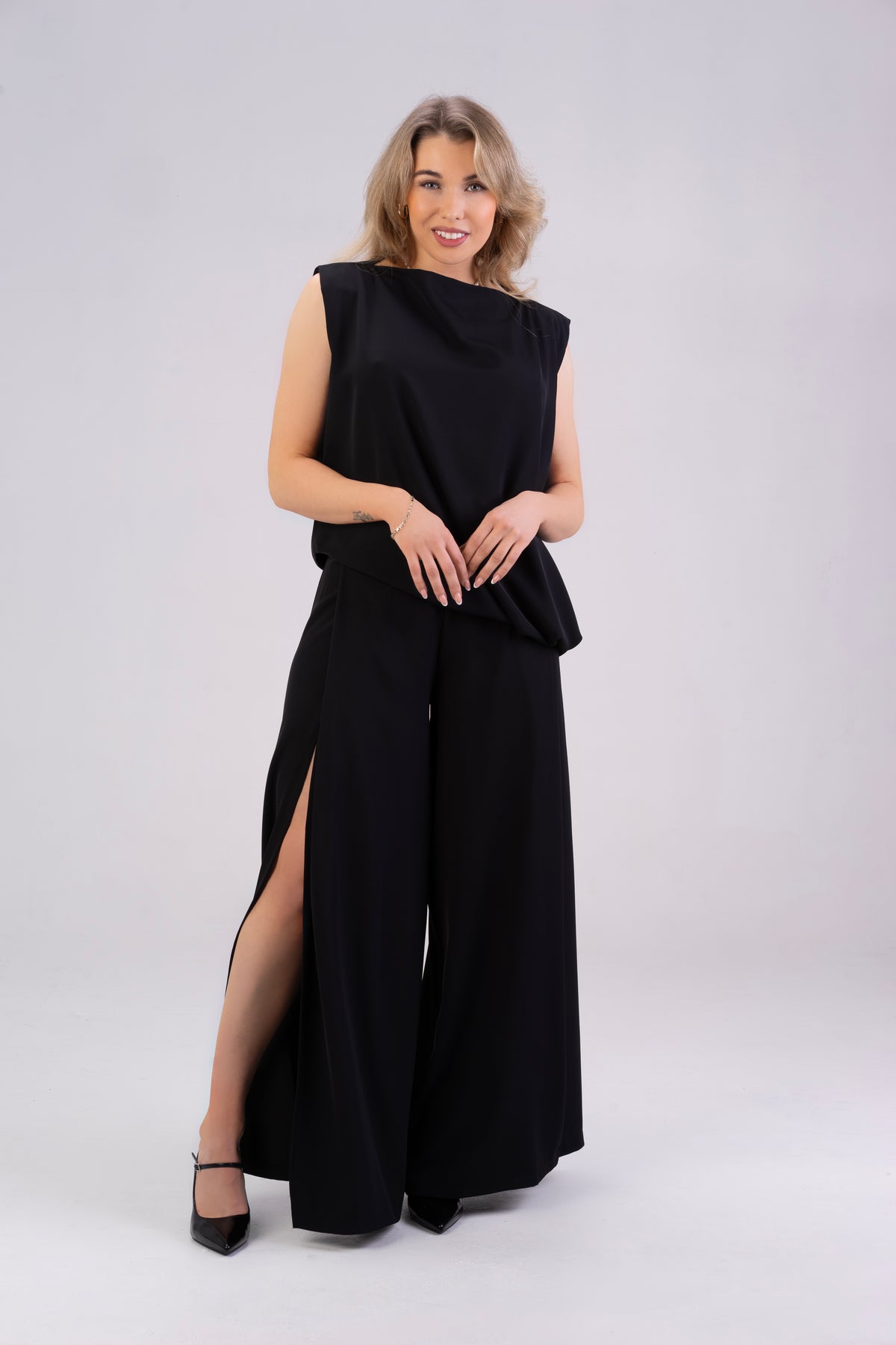 Black Sleeveless Top and Wide-Leg Pants Co-Ord Set with Side Slits