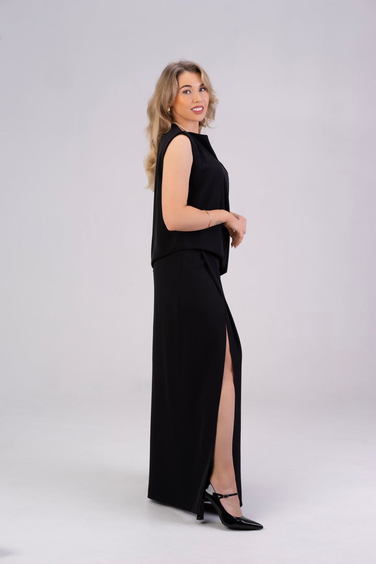 Black Sleeveless Top and Wide-Leg Pants Co-Ord Set with Side Slits