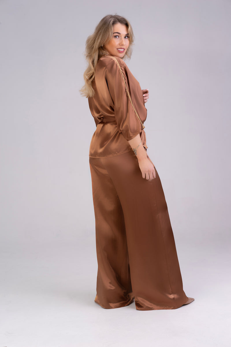 Brown-elegant-satin-co-ord-for-women-luxury-suit-for-women-caual-elegant-co-ord