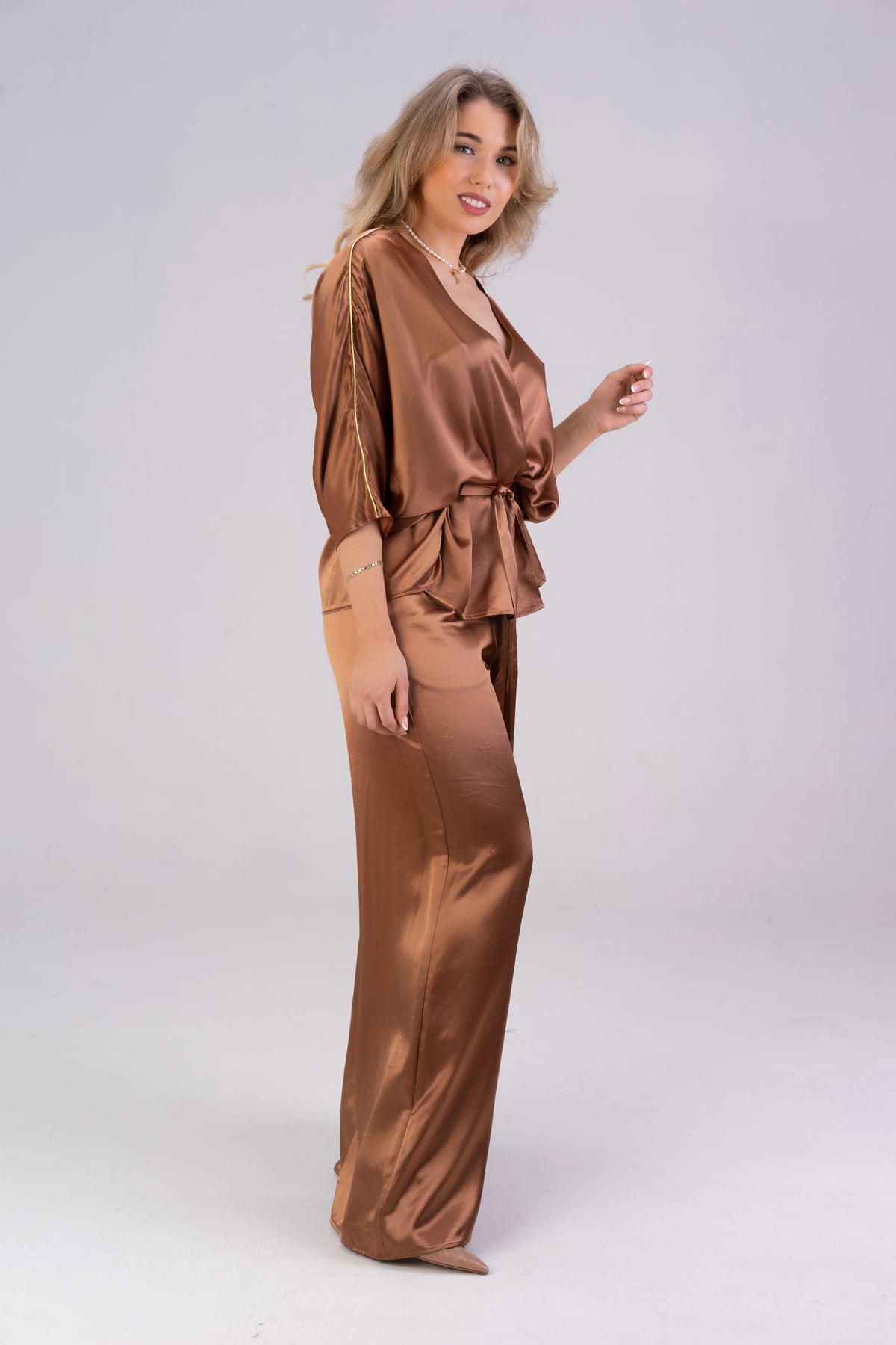 Brown-satin-co-ord-with-wide-leg-trousers