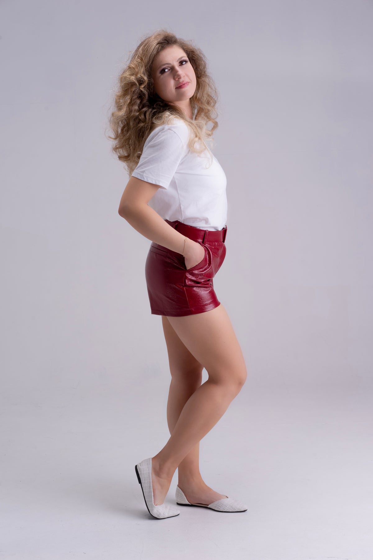 White-cotton-top-with-faux-leather-red-shorts-co-ord